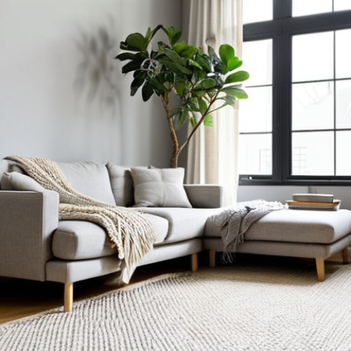 Home 4 **
A bright, minimalist living room interior bathed in natural light. Soft grey walls with a jute rug under a light grey sofa. A chunky knit throw blanket is draped casually over the sofa. A fiddle-leaf fig tree stands in the corner near a window with sheer curtains, diffusing the morning light. A small, simple coffee table with a few carefully chosen objects (books, small plant) sits in front of the sofa.
**