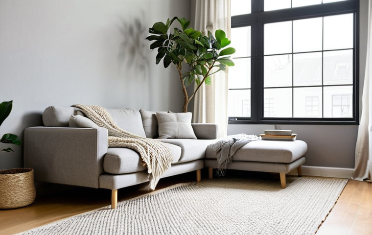 **
A bright, minimalist living room interior bathed in natural light. Soft grey walls with a jute rug under a light grey sofa. A chunky knit throw blanket is draped casually over the sofa. A fiddle-leaf fig tree stands in the corner near a window with sheer curtains, diffusing the morning light. A small, simple coffee table with a few carefully chosen objects (books, small plant) sits in front of the sofa.
**